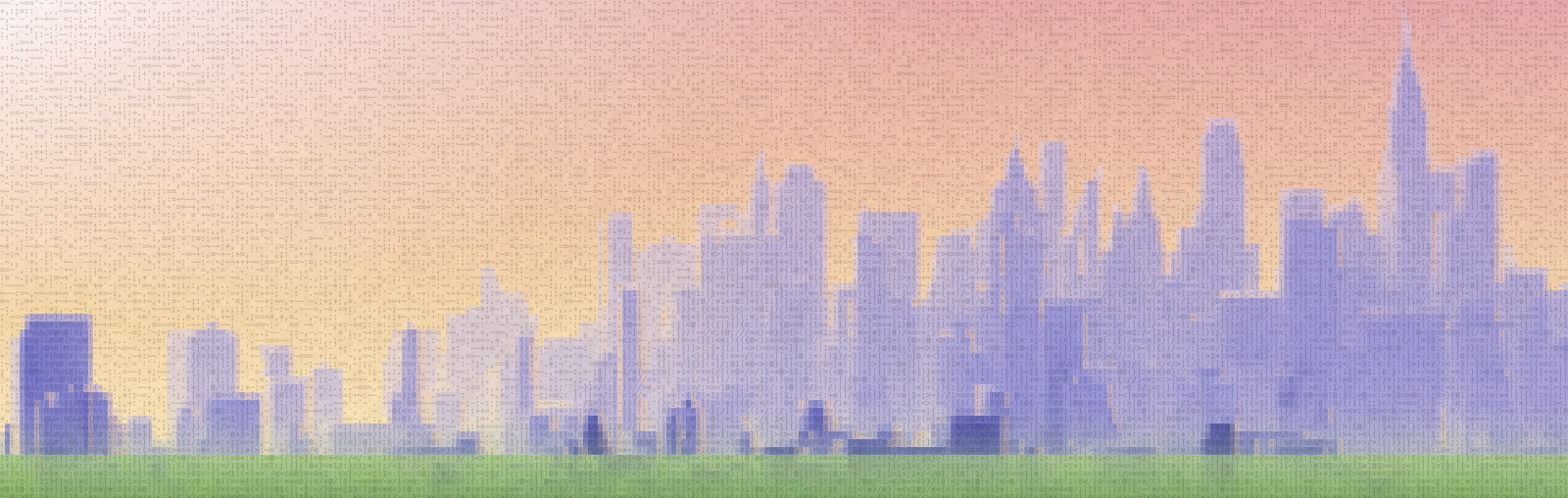 A city skyline at sunset, drawn from small code characters